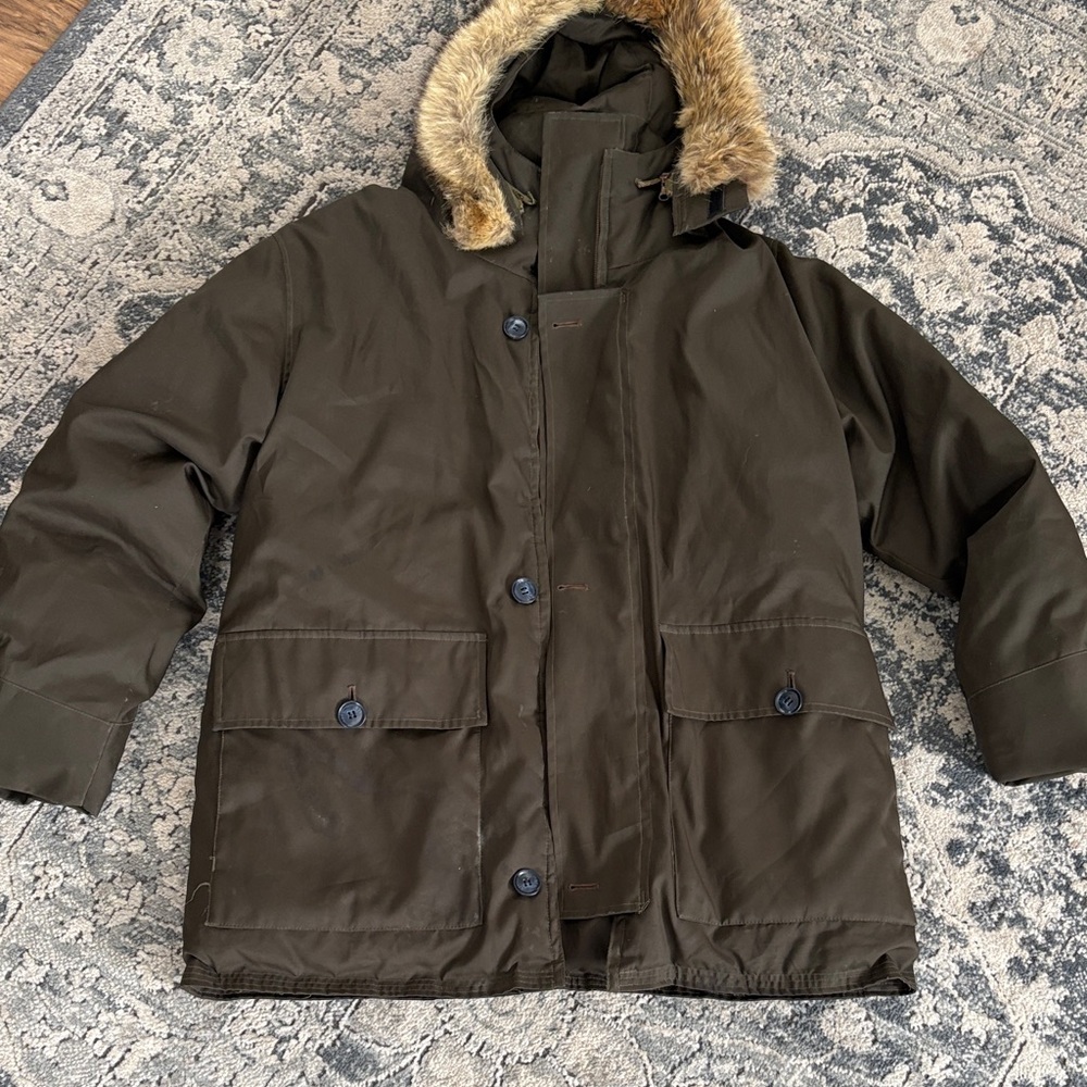 Hudson Bay Company vintage  down Parka Jacket with  Fur Hood - Olive Green